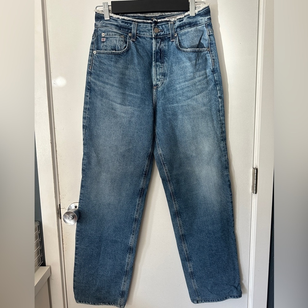 AG Adriano Goldschmied High Waisted Straight Leg Blue Denim Jeans
